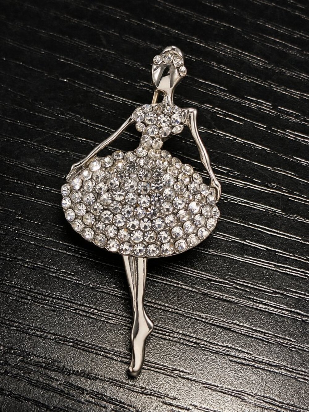 Rhinestone Ballerina Brooch Silver Tone Crystal Dancer Pin Ballet Jewelry